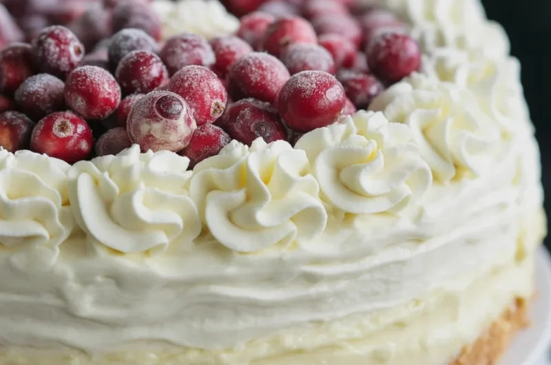 Elegant White Chocolate Cranberry Cheesecake with cranberry jam and white chocolate mousse layers