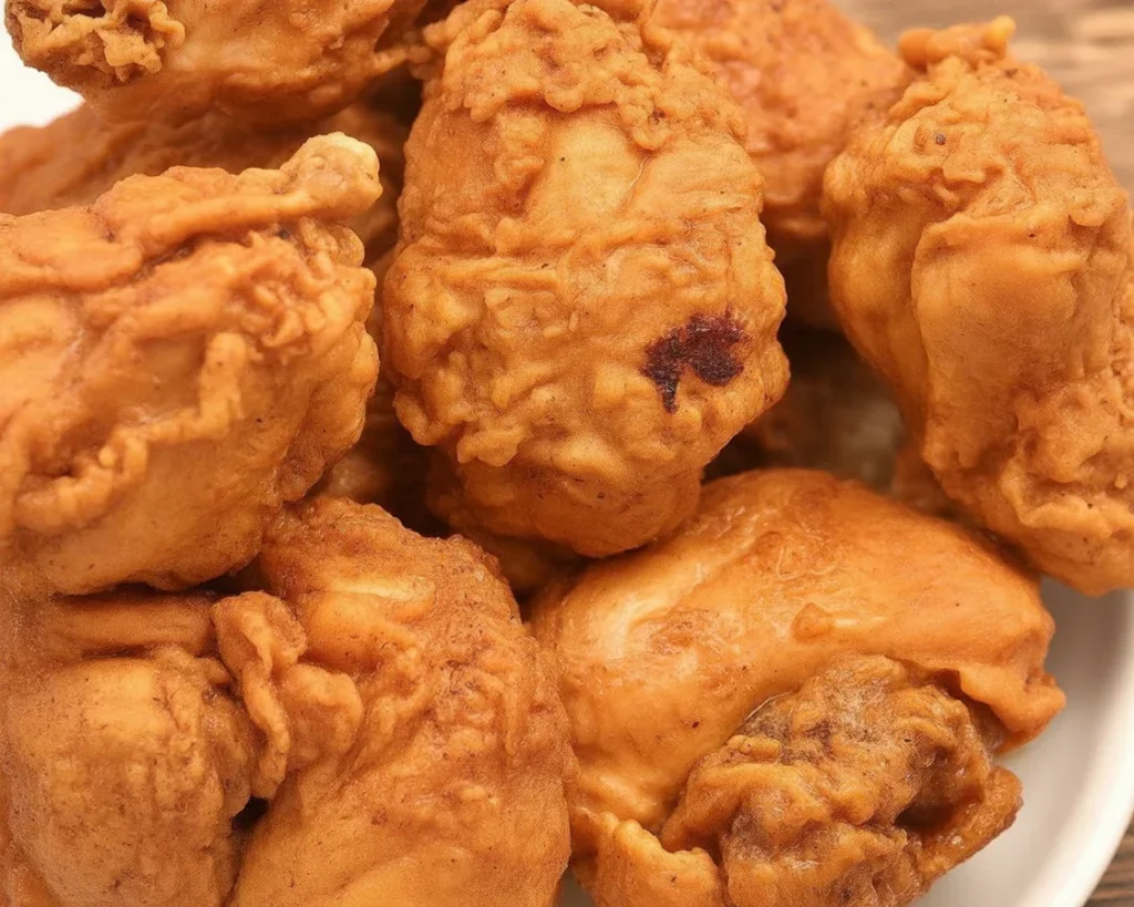 Crispy fried chicken with a golden coating, served on a plate