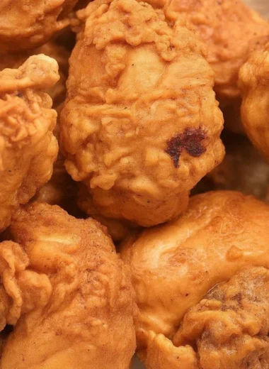 Crispy fried chicken with a golden coating, served on a plate