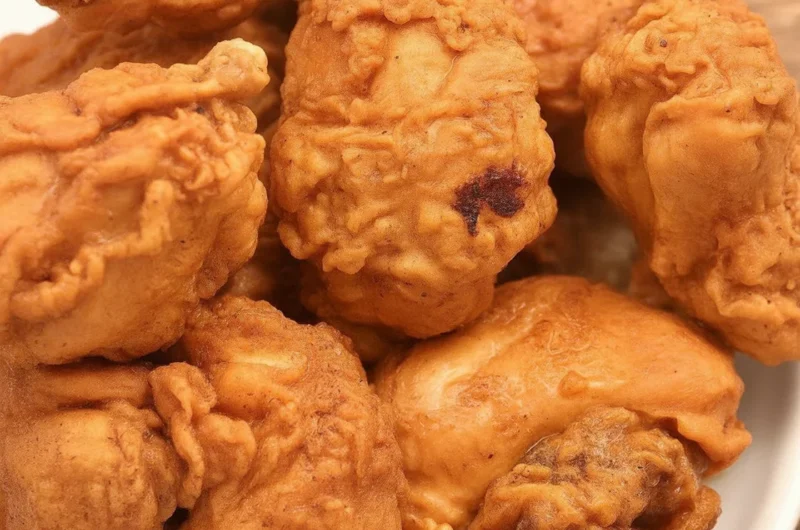 Crispy fried chicken with a golden coating, served on a plate