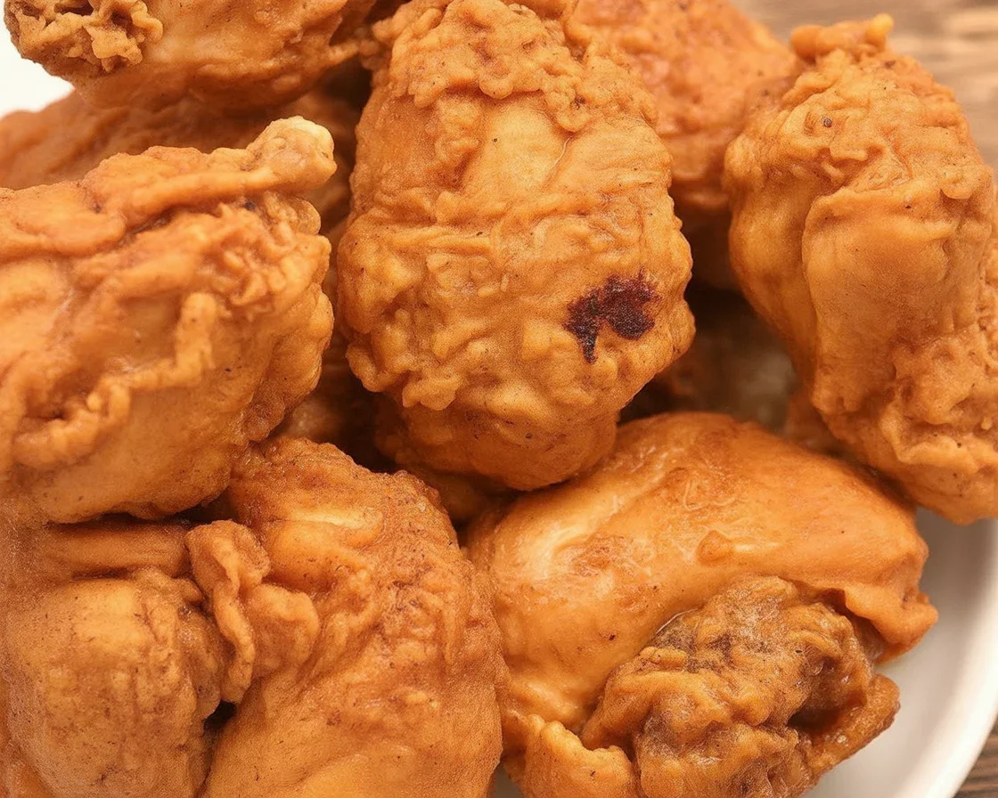 Crispy fried chicken with a golden coating, served on a plate