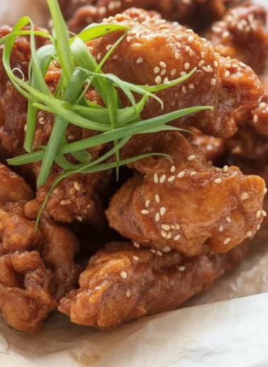 Crispy Korean fried chicken coated in sweet chili sauce served with side dishes