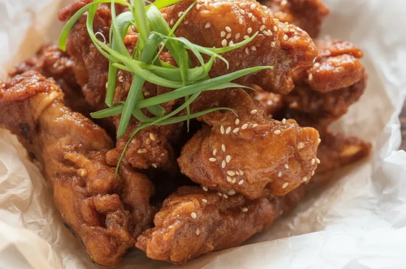 Crispy Korean fried chicken coated in sweet chili sauce served with side dishes