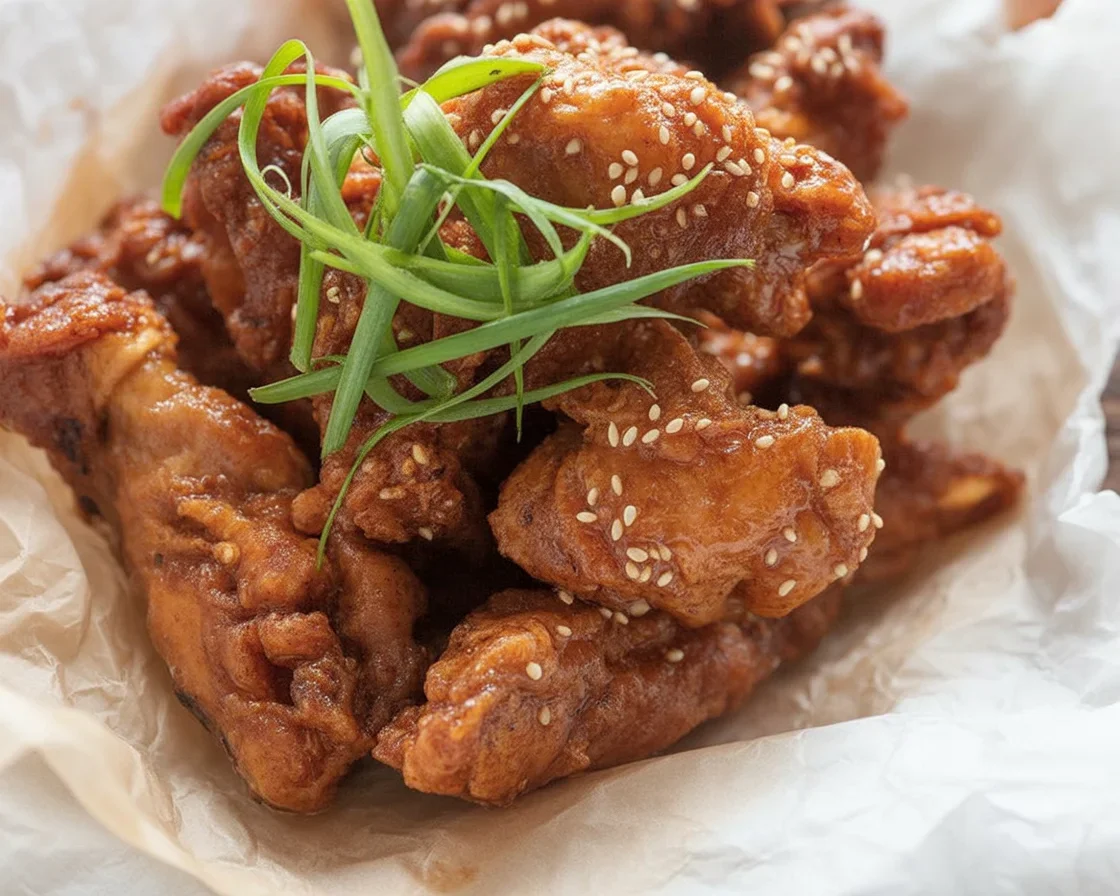 Crispy Korean fried chicken coated in sweet chili sauce served with side dishes