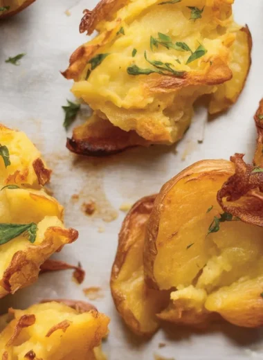 Crispy smashed potatoes topped with garlic and herbs, showcasing their golden exterior.
