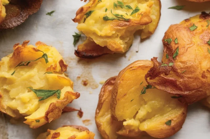 Crispy smashed potatoes topped with garlic and herbs, showcasing their golden exterior.