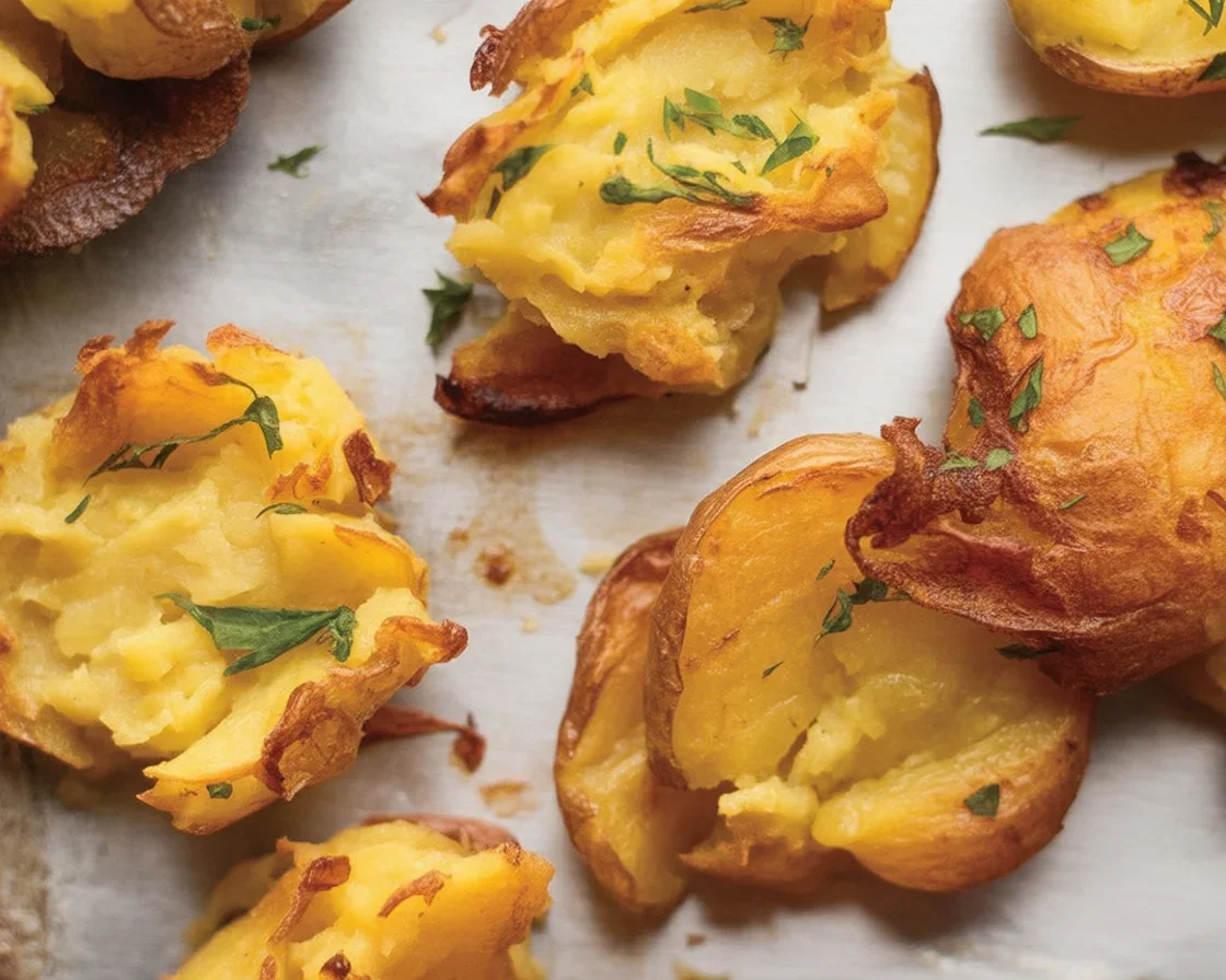 Crispy smashed potatoes topped with garlic and herbs, showcasing their golden exterior.