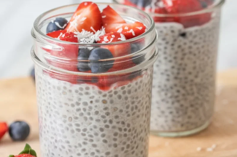 Delicious Chia Pudding topped with fresh fruits and nuts