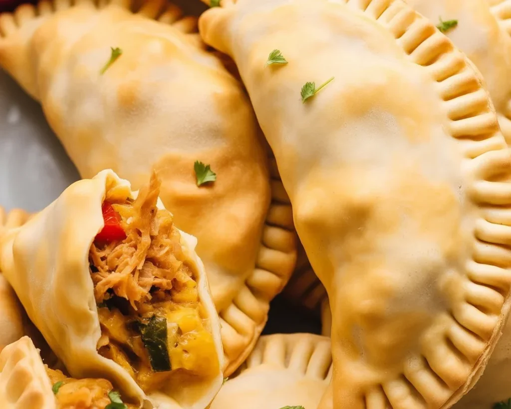Baked chicken empanadas filled with seasoned chicken, onions, and peppers.