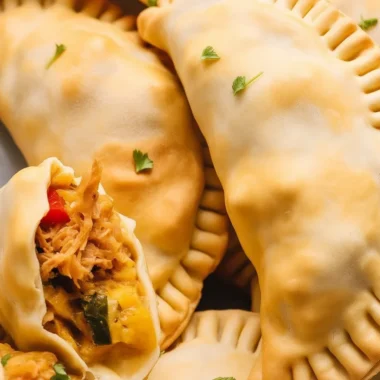 Baked chicken empanadas filled with seasoned chicken, onions, and peppers.
