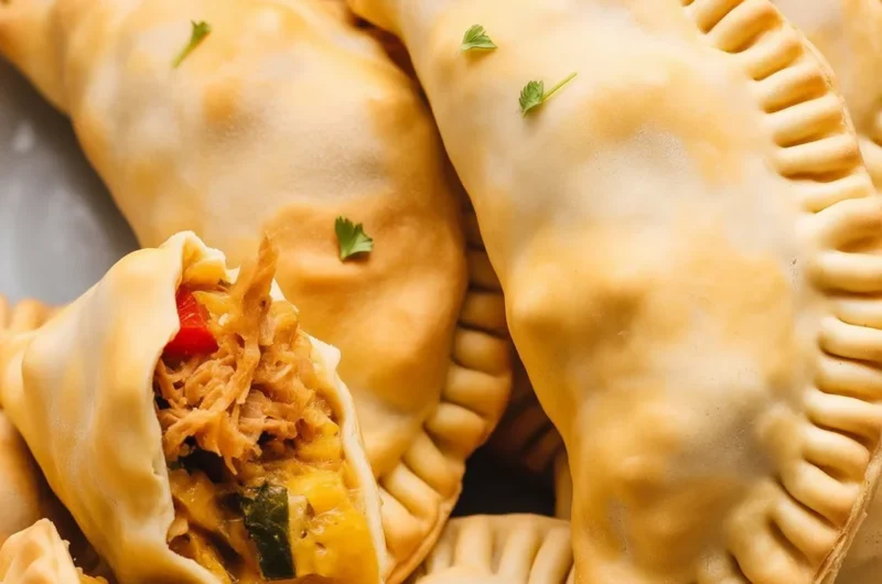 Baked chicken empanadas filled with seasoned chicken, onions, and peppers.