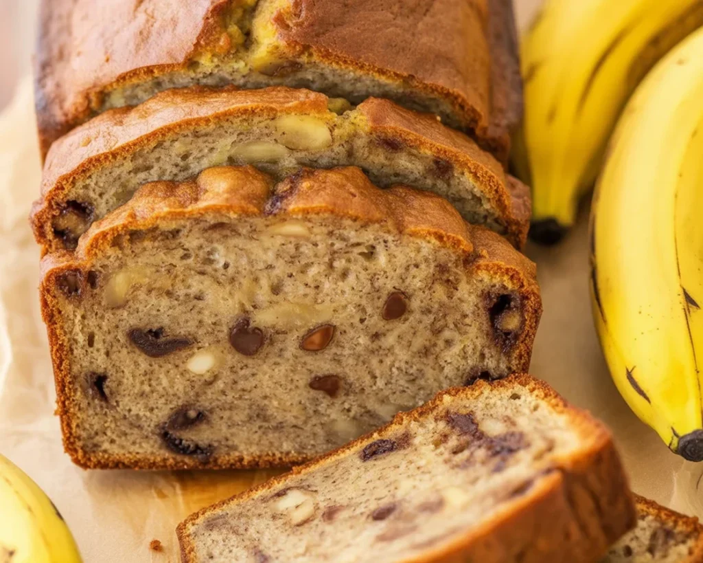 Moist and delicious easy to make banana loaf sliced on parchment paper.