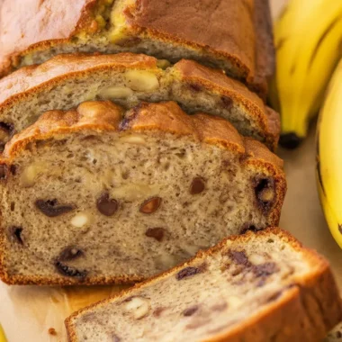 Moist and delicious easy to make banana loaf sliced on parchment paper.