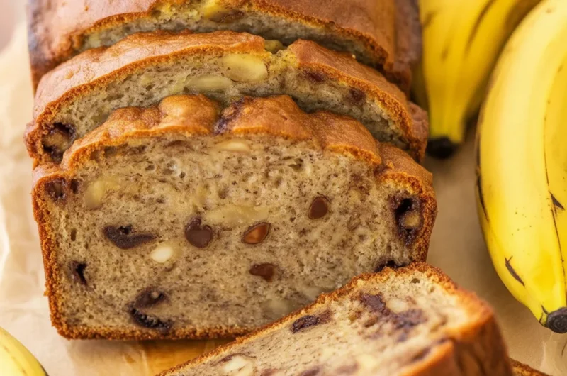 Moist and delicious easy to make banana loaf sliced on parchment paper.