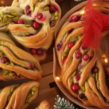 Cranberry Pistachio Babka Bread Wreath with buttery layers and nutty filling