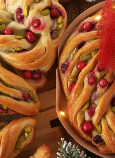 Cranberry Pistachio Babka Bread Wreath with buttery layers and nutty filling