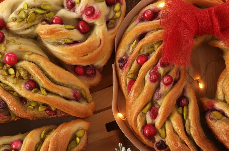 Cranberry Pistachio Babka Bread Wreath with buttery layers and nutty filling