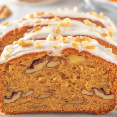 Slice of easy carrot cake loaf topped with cream cheese frosting