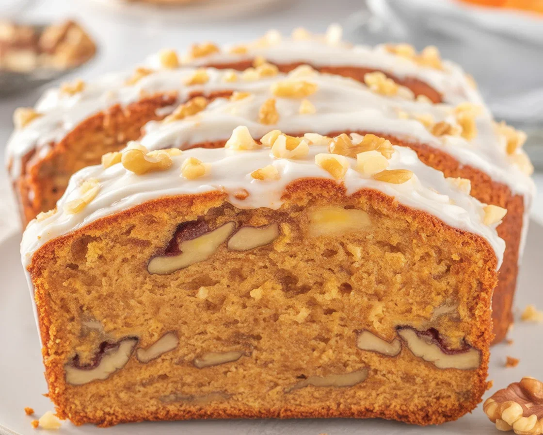 Slice of easy carrot cake loaf topped with cream cheese frosting