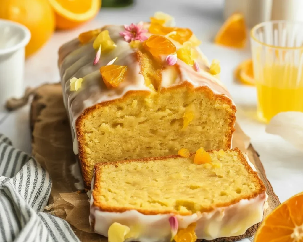 Moist orange loaf cake topped with zesty orange glaze and fresh orange slices.