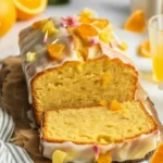 Moist orange loaf cake topped with zesty orange glaze and fresh orange slices.