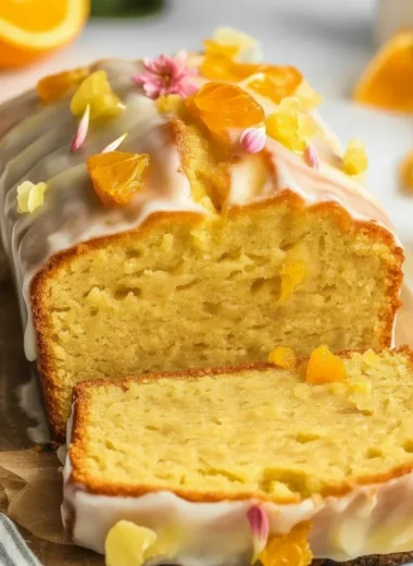Moist orange loaf cake topped with zesty orange glaze and fresh orange slices.