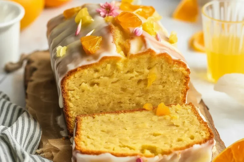 Moist orange loaf cake topped with zesty orange glaze and fresh orange slices.