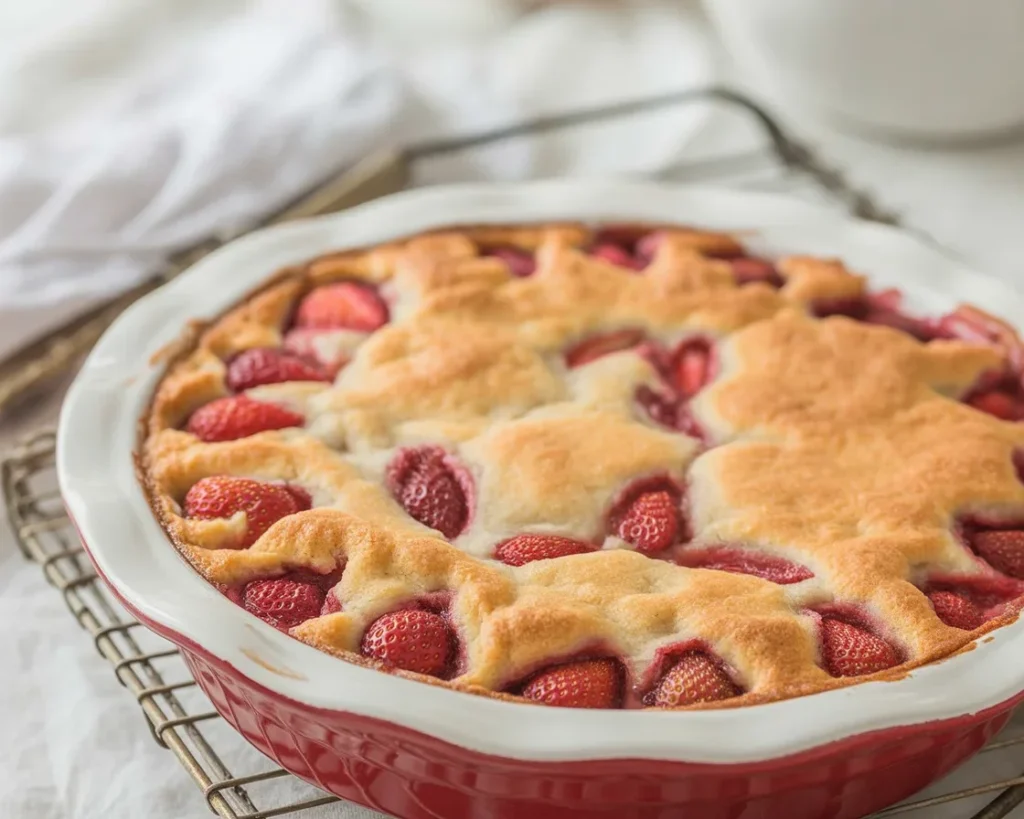 Delicious homemade Fresh Strawberry Cake topped with fresh strawberries and cream.