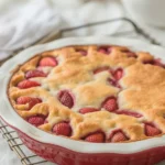 Delicious homemade Fresh Strawberry Cake topped with fresh strawberries and cream.