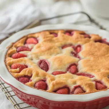Delicious homemade Fresh Strawberry Cake topped with fresh strawberries and cream.