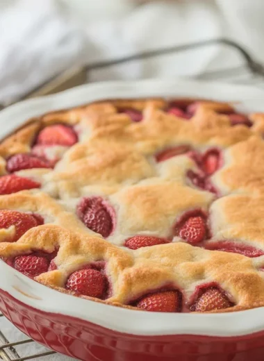 Delicious homemade Fresh Strawberry Cake topped with fresh strawberries and cream.