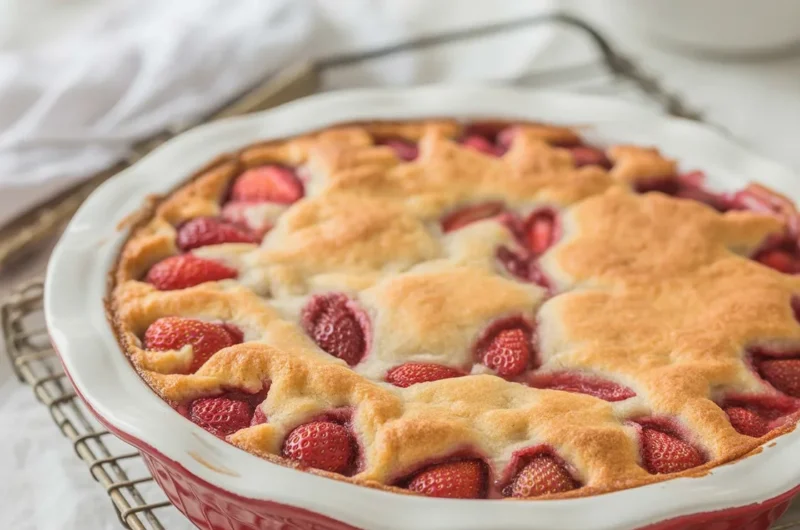 Delicious homemade Fresh Strawberry Cake topped with fresh strawberries and cream.