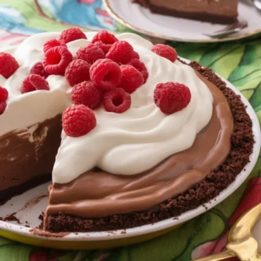 Delicious Chocolate Mousse Pie topped with whipped cream and chocolate curls on an Oreo crust.