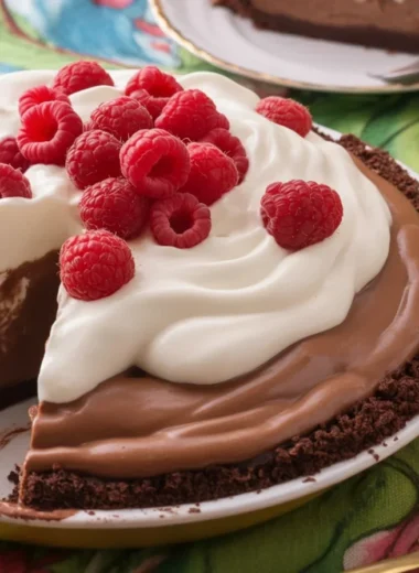 Delicious Chocolate Mousse Pie topped with whipped cream and chocolate curls on an Oreo crust.