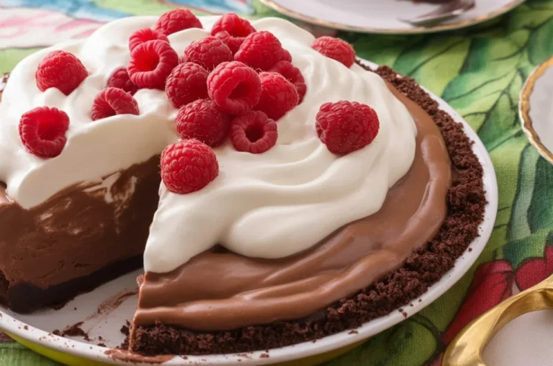 Delicious Chocolate Mousse Pie topped with whipped cream and chocolate curls on an Oreo crust.