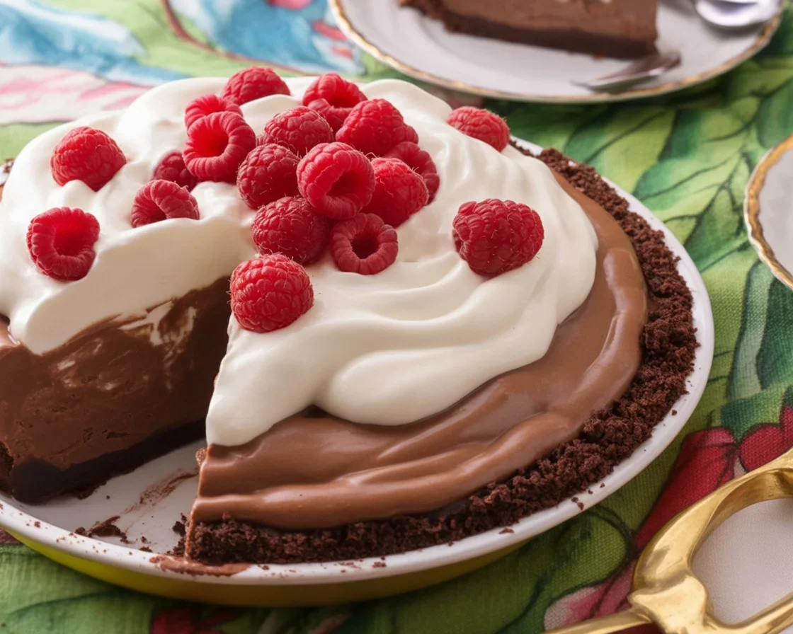 Delicious Chocolate Mousse Pie topped with whipped cream and chocolate curls on an Oreo crust.