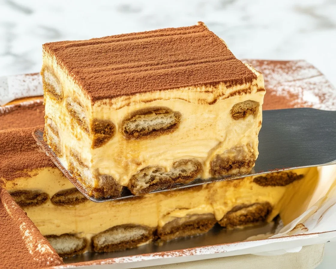 Delicious Pumpkin Spice Tiramisu layered with coffee-soaked ladyfingers and creamy pumpkin filling.