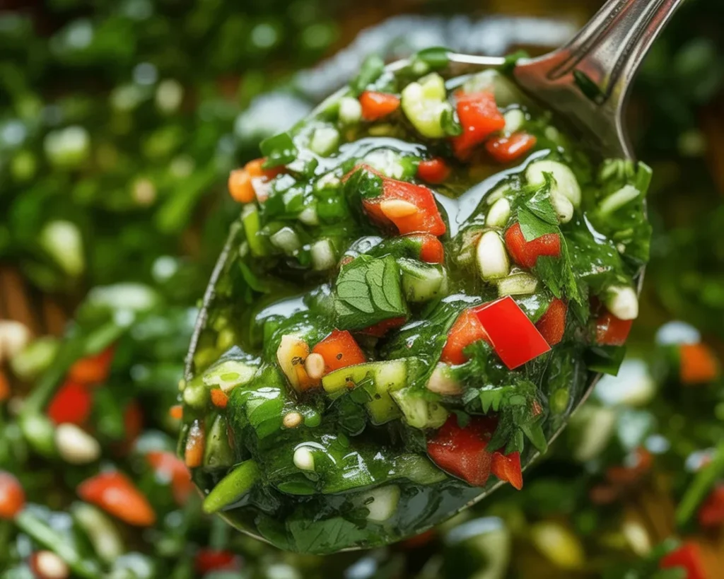 Fresh homemade Chimichurri sauce with parsley, garlic, and olive oil in a bowl.