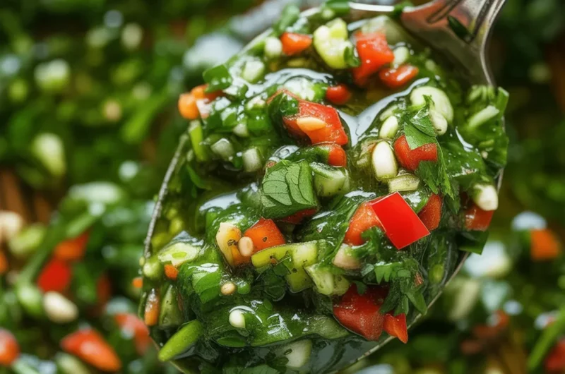 Fresh homemade Chimichurri sauce with parsley, garlic, and olive oil in a bowl.