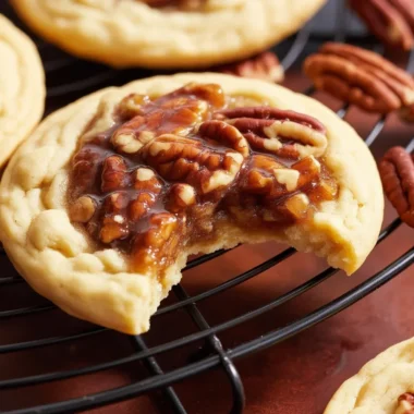 Delicious Pecan Pie Cookies with a rich filling and chocolate drizzle on a plate.