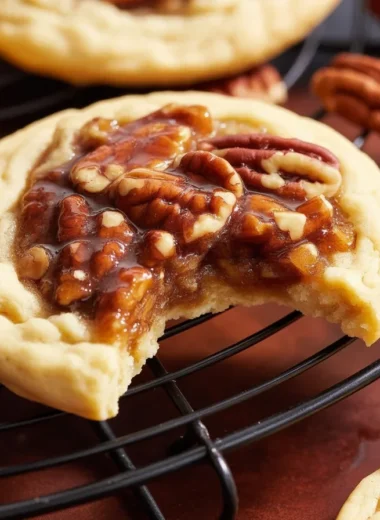 Delicious Pecan Pie Cookies with a rich filling and chocolate drizzle on a plate.