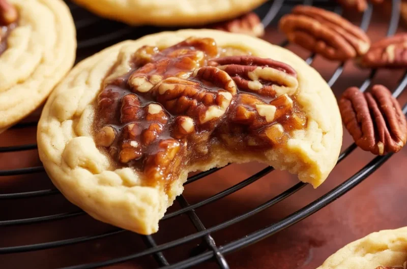 Delicious Pecan Pie Cookies with a rich filling and chocolate drizzle on a plate.