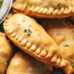 Homemade beef empanadas on a wooden platter with a side of dipping sauce.