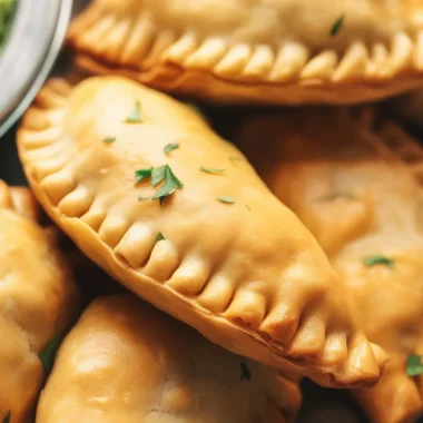Homemade beef empanadas on a wooden platter with a side of dipping sauce.