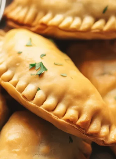 Homemade beef empanadas on a wooden platter with a side of dipping sauce.