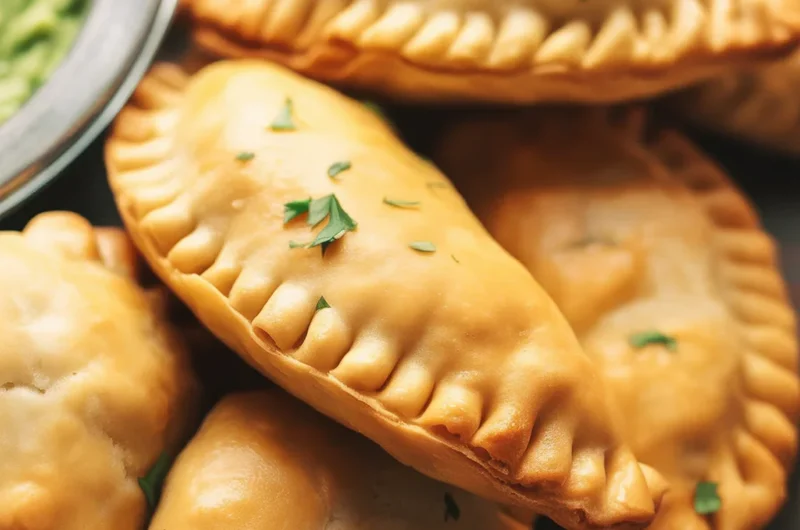 Homemade beef empanadas on a wooden platter with a side of dipping sauce.