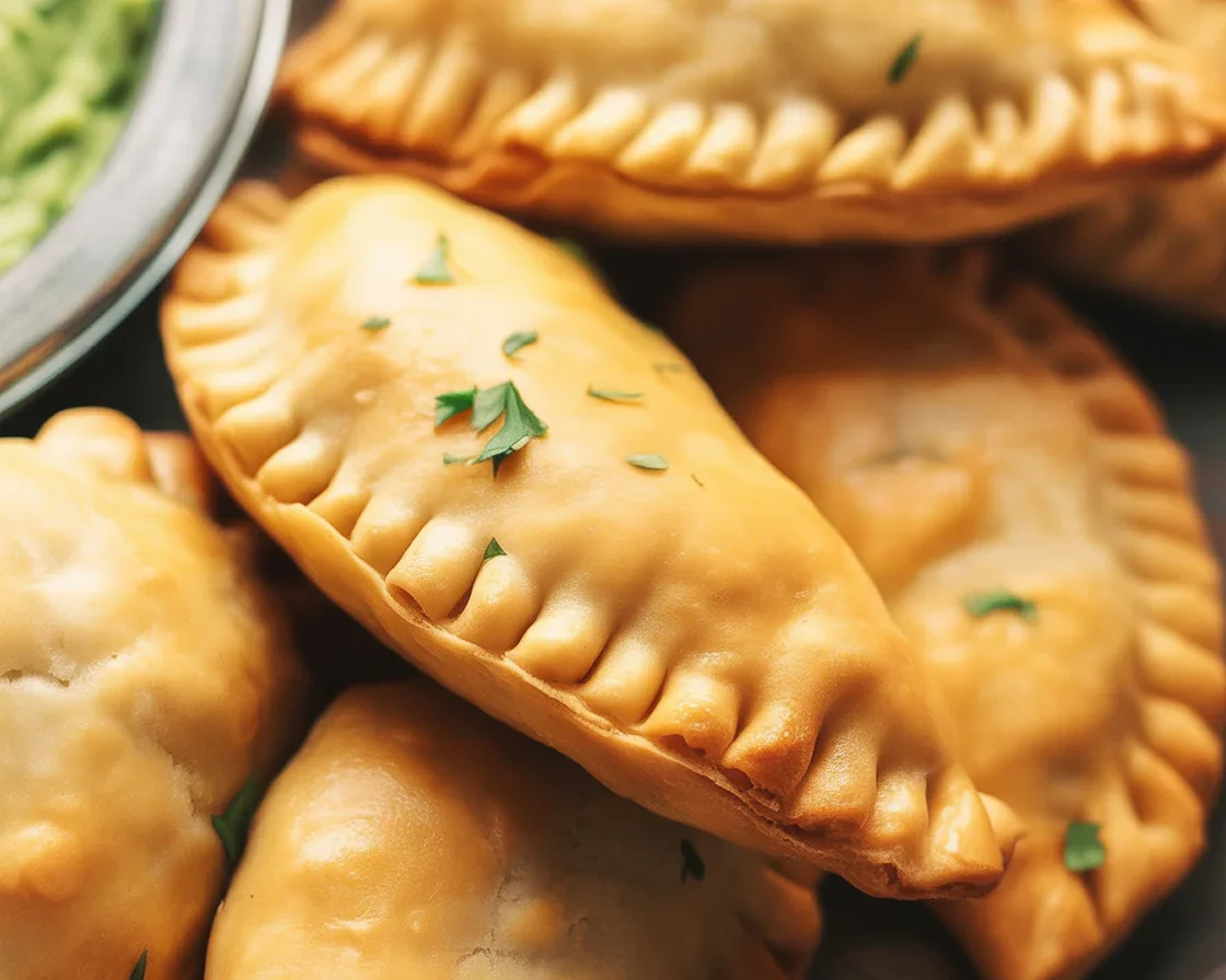 Homemade beef empanadas on a wooden platter with a side of dipping sauce.