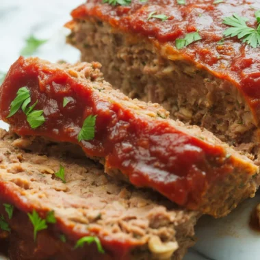 A perfectly cooked 2 lb meatloaf on a baking tray with garnished vegetables.