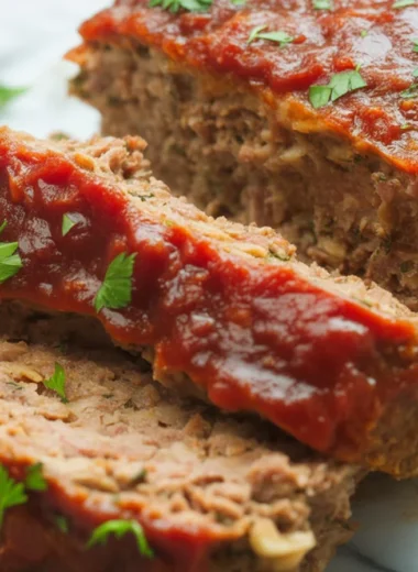 A perfectly cooked 2 lb meatloaf on a baking tray with garnished vegetables.