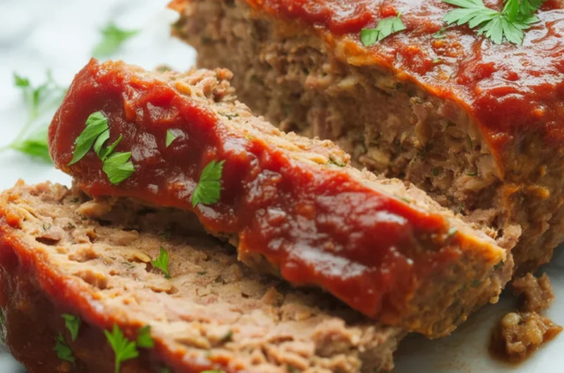 A perfectly cooked 2 lb meatloaf on a baking tray with garnished vegetables.